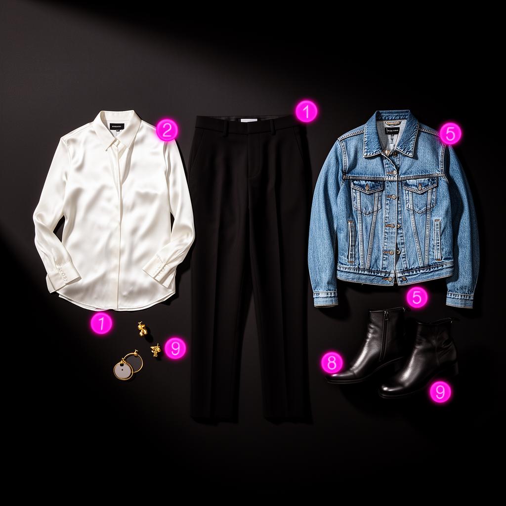 Peças de roupa marcadas com pontos rosa, representando o guarda-roupa digital